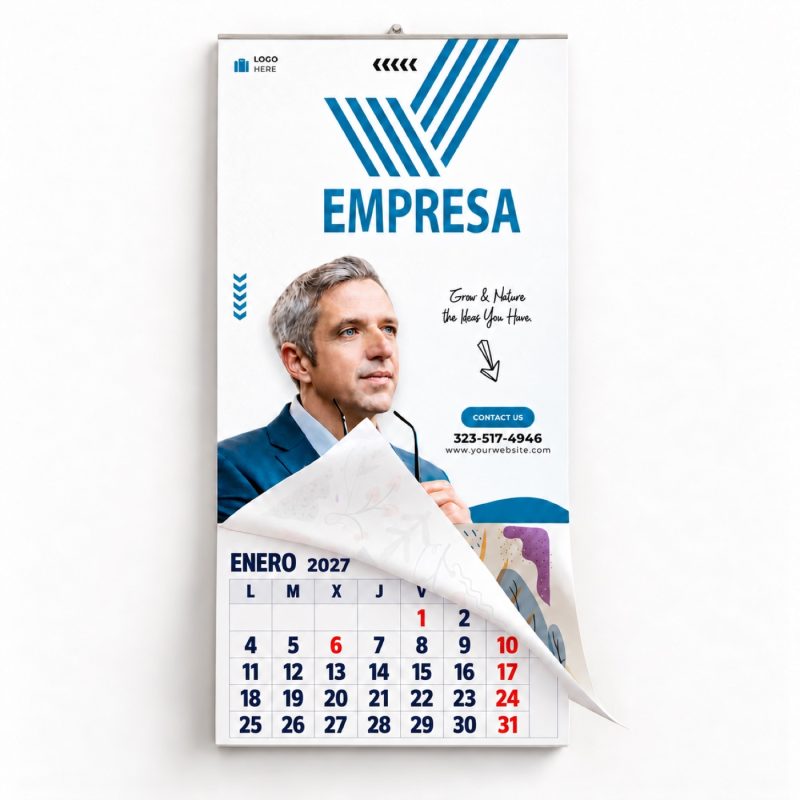 Calendario de pared 2027 con faldilla de 33,5 cm, cabecera personalizada y enero en rojo y azul, de Minerva en Córdoba.