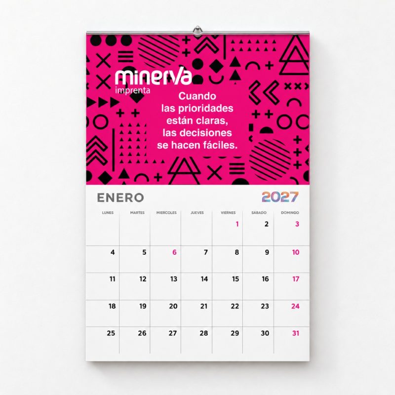 Calendario de pared personalizado de 33 × 45 cm con enero de 2027, varilla y media luna, de Gráficas Minerva en Córdoba.