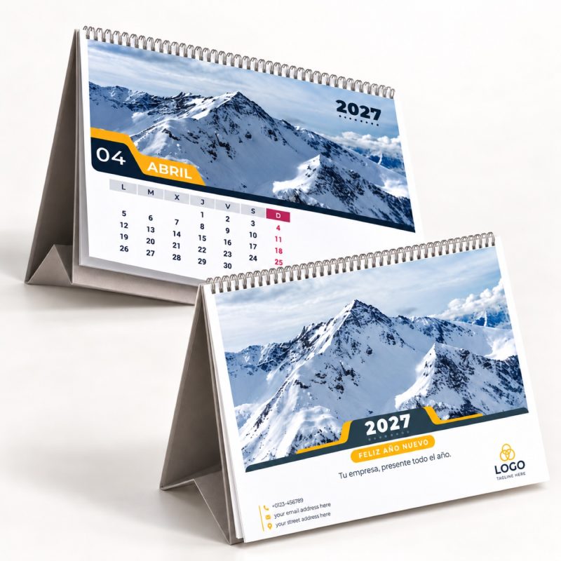 Calendario de sobremesa A5 de 13 hojas con portada y abril de 2027, alambre y peana de cartulina, de Minerva en Córdoba.