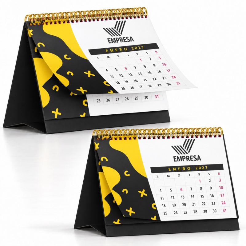 Calendario de sobremesa A5 de 7 hojas a doble cara, con enero de 2027 y peana negra, de Gráficas Minerva en Córdoba.