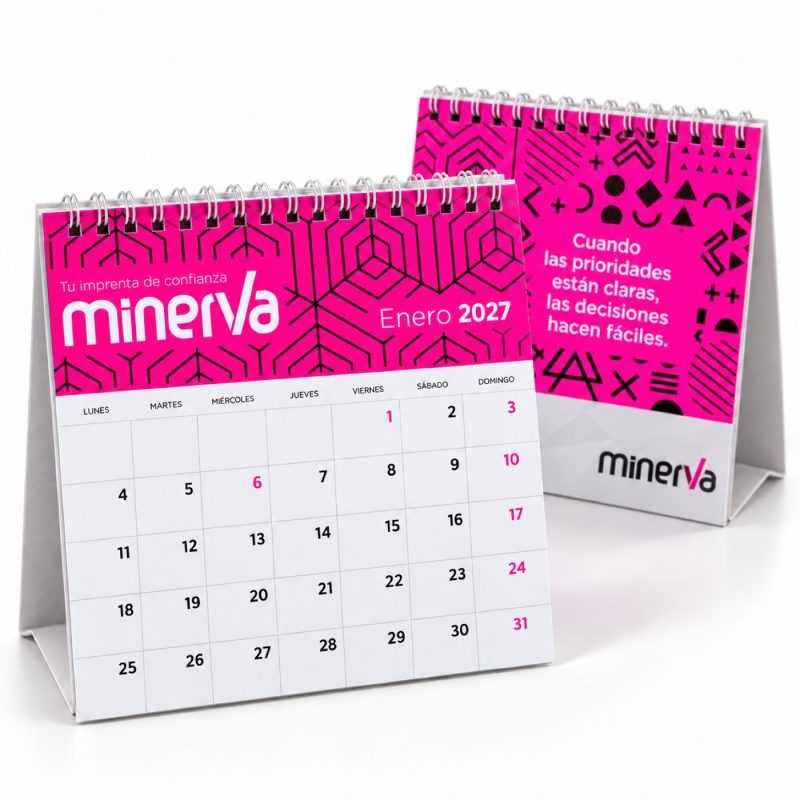 Calendario de sobremesa cuadrado de 16 × 16 cm con enero de 2027, alambre y peana, de Gráficas Minerva en Córdoba.