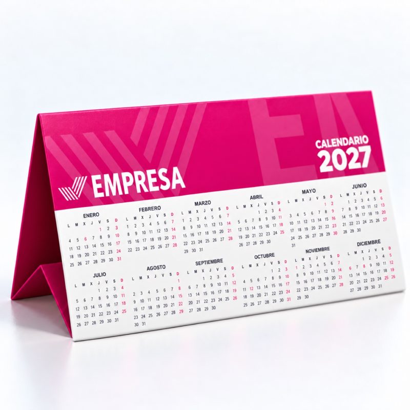 Calendario de mesa trípode 2027 de cartulina plegada, con calendario anual y publicidad de empresa, de Minerva en Córdoba.