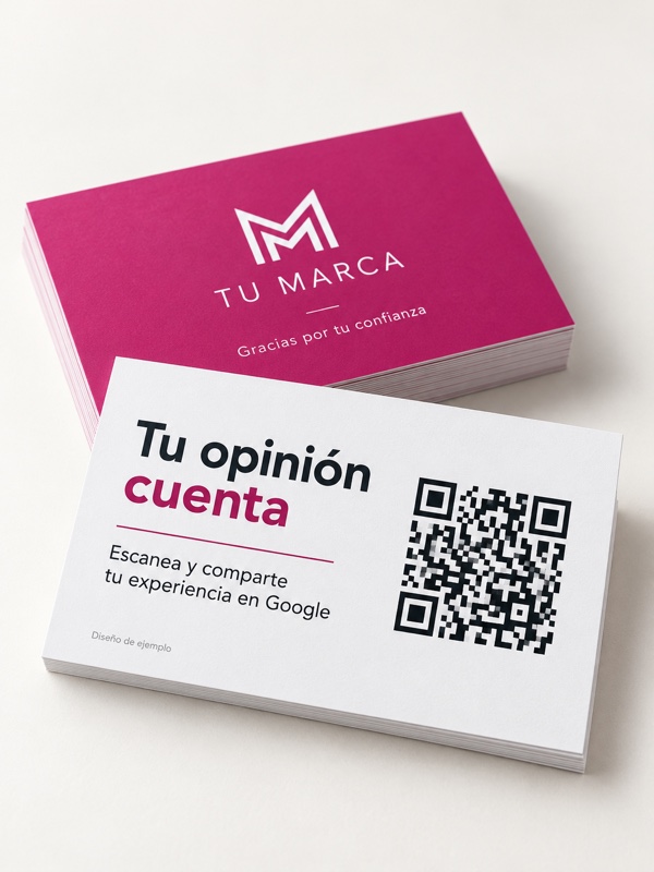 Tarjetas personalizadas para reseñas de Google con QR y reverso magenta para la marca