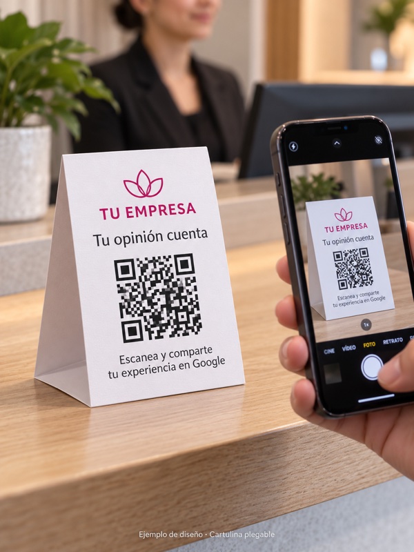 Cliente escaneando con su móvil un display de cartulina con QR para reseñas de Google.