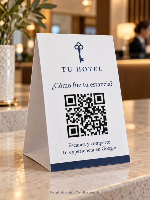 Display de cartulina plegable de 300 g con QR para reseñas de Google, personalizado para hoteles y hostelería. Ejemplo de diseño.