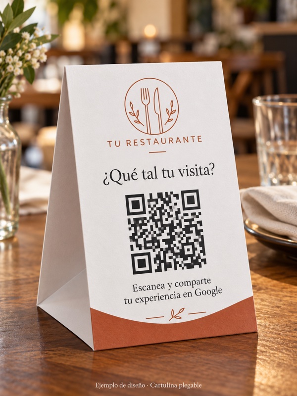 Display de cartulina plegable de 300 g con QR para reseñas de Google, personalizado para restaurantes. Ejemplo de diseño.