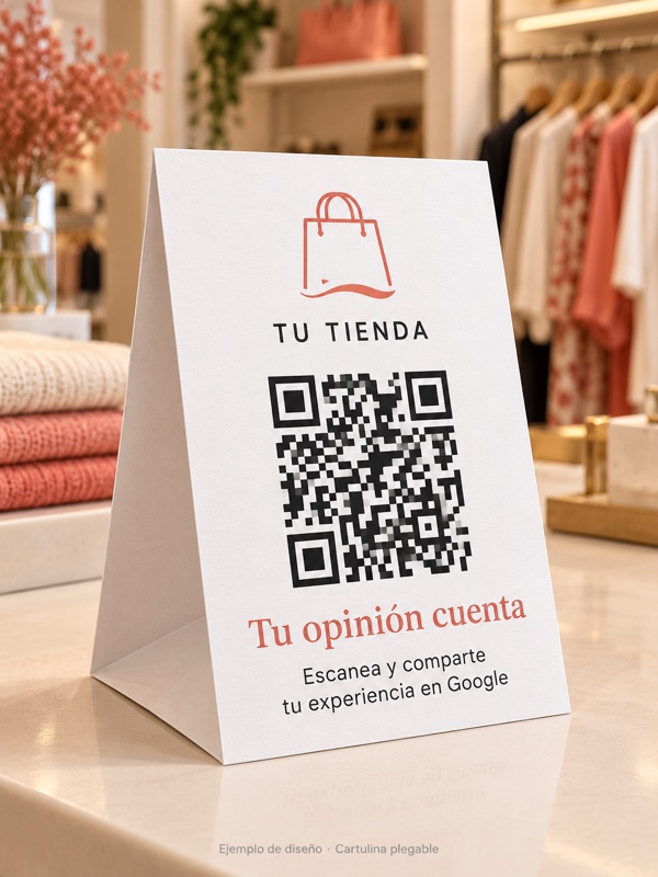 Display de cartulina plegable de 300 g con QR para reseñas de Google, personalizado para tiendas. Ejemplo de diseño.