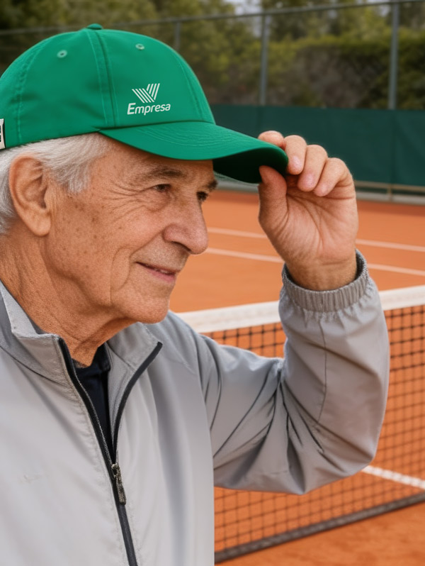 Detalle de gorra sostenible de RPET con etiqueta de protección solar UPF50+