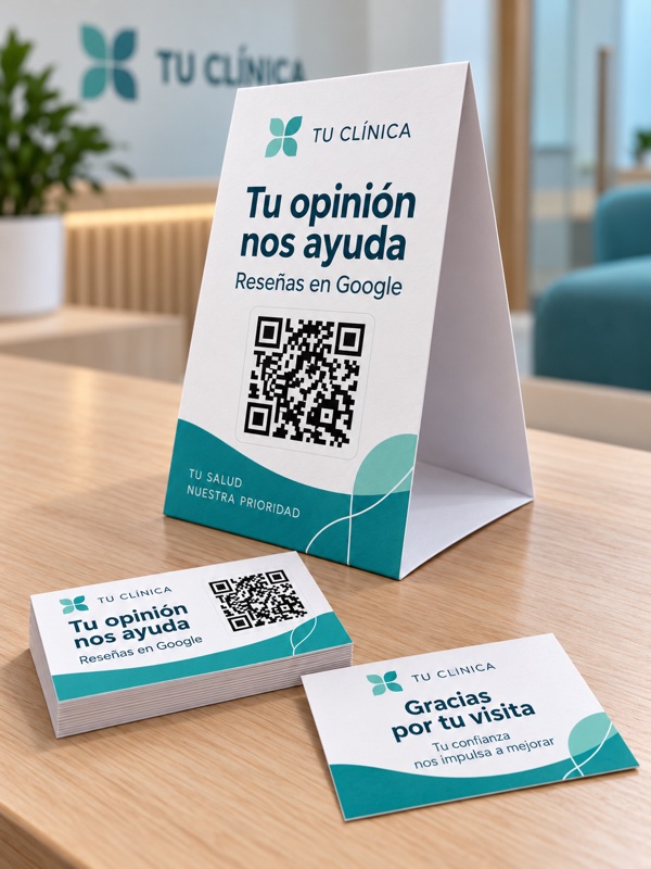 Detalle de un display de cartulina plegable de 300 gramos con QR para reseñas de Google para clínicas.