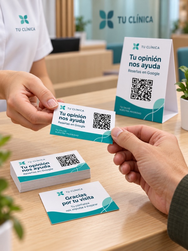 Entrega de una tarjeta de reseñas de Google con QR y diseño para clínicas, con reverso personalizado de ejemplo.