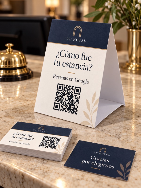 Detalle de un display de cartulina plegable de 300 gramos con QR para reseñas de Google para hostelería.