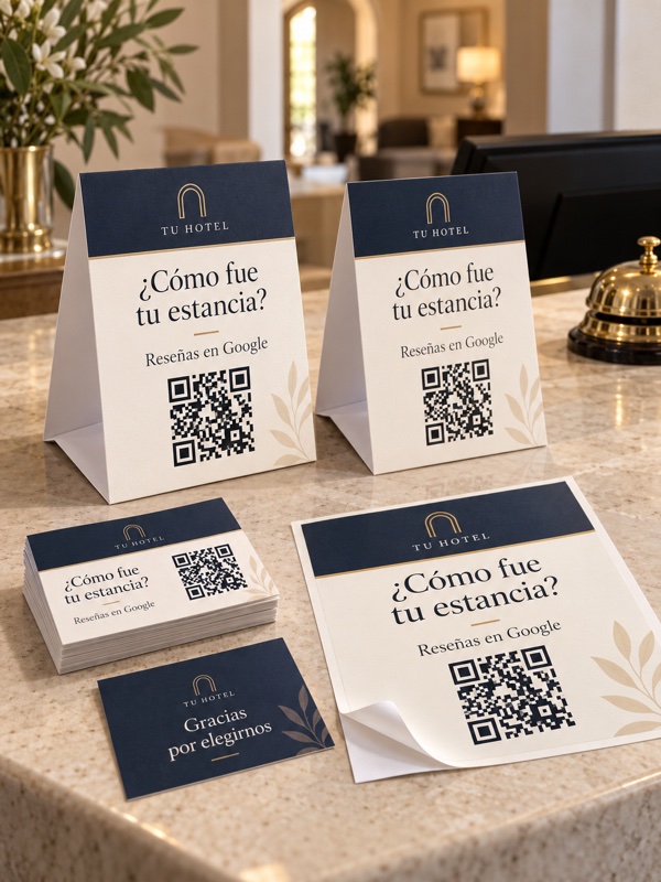 Pack coordinado de tarjetas, vinilo y displays con QR para reseñas de Google para hostelería. Diseño de ejemplo.