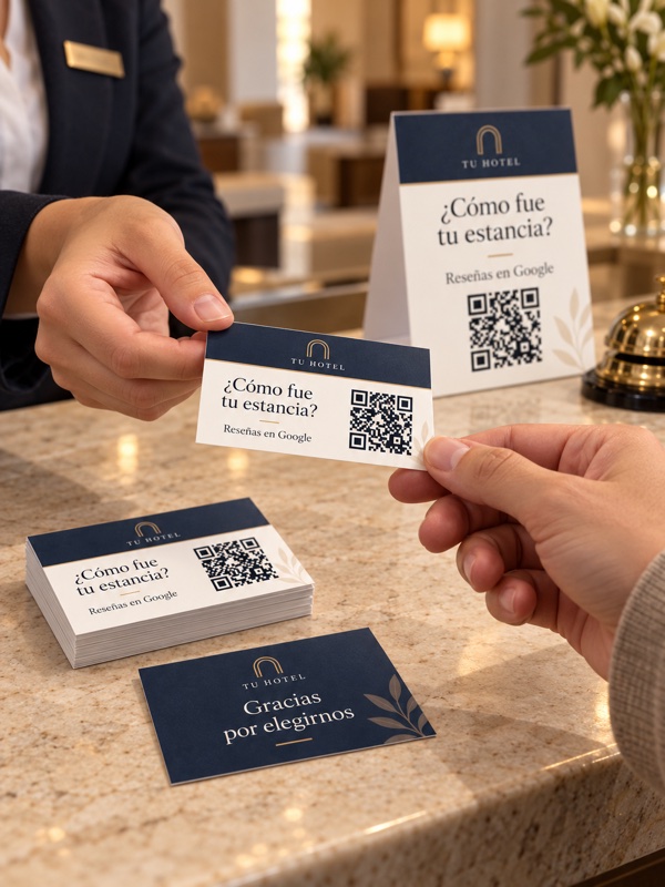 Entrega de una tarjeta de reseñas de Google con QR y diseño para hostelería, con reverso personalizado de ejemplo.