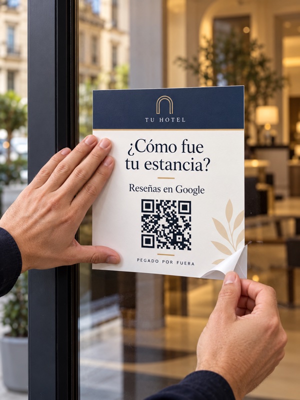 Vinilo blanco para reseñas de Google para hostelería aplicado por fuera del cristal de la entrada.