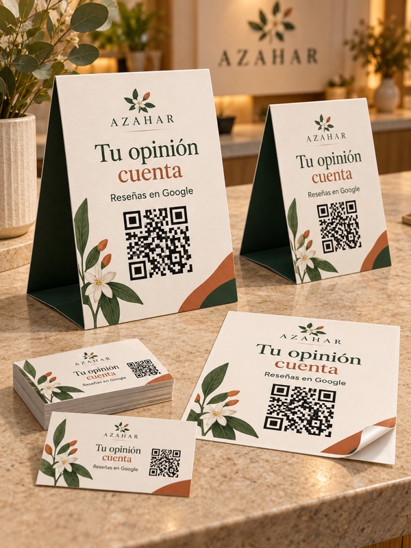 Pack de tarjetas, vinilo y displays con QR para reseñas de Google, con diseño de ejemplo Azahar