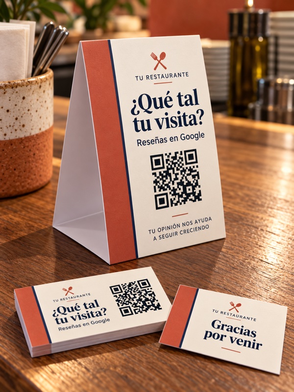 Detalle de un display de cartulina plegable de 300 gramos con QR para reseñas de Google para restaurantes.