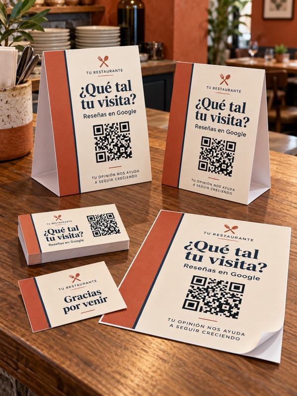 Pack coordinado de tarjetas, vinilo y displays con QR para reseñas de Google para restaurantes. Diseño de ejemplo.