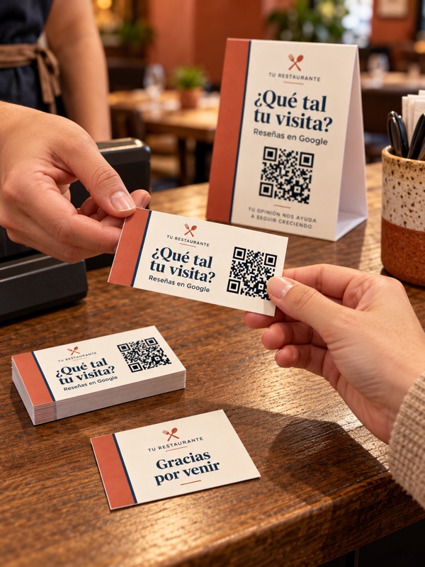 Entrega de una tarjeta de reseñas de Google con QR y diseño para restaurantes, con reverso personalizado de ejemplo.