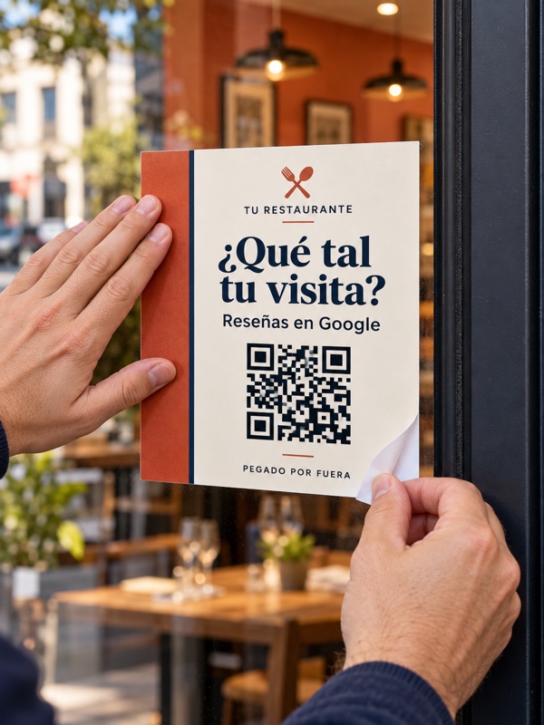 Vinilo blanco para reseñas de Google para restaurantes aplicado por fuera del cristal de la entrada.