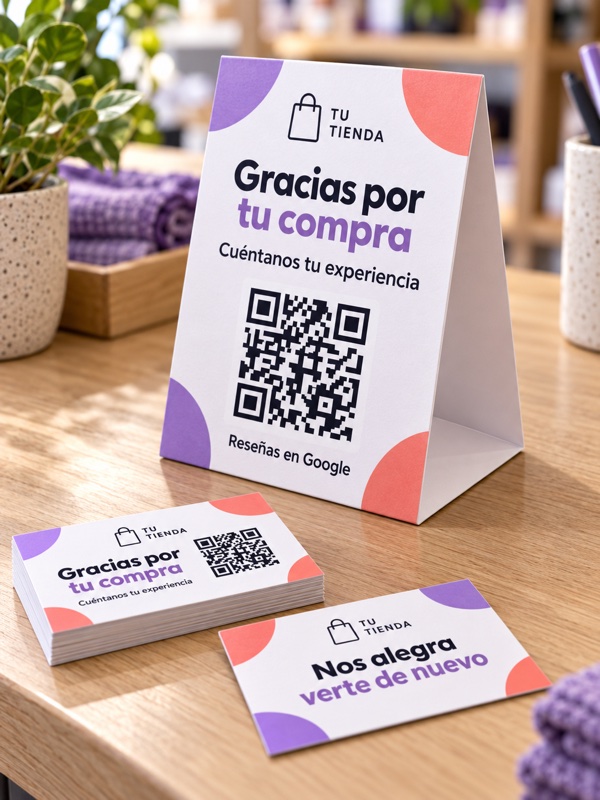 Detalle de un display de cartulina plegable de 300 gramos con QR para reseñas de Google para tiendas.