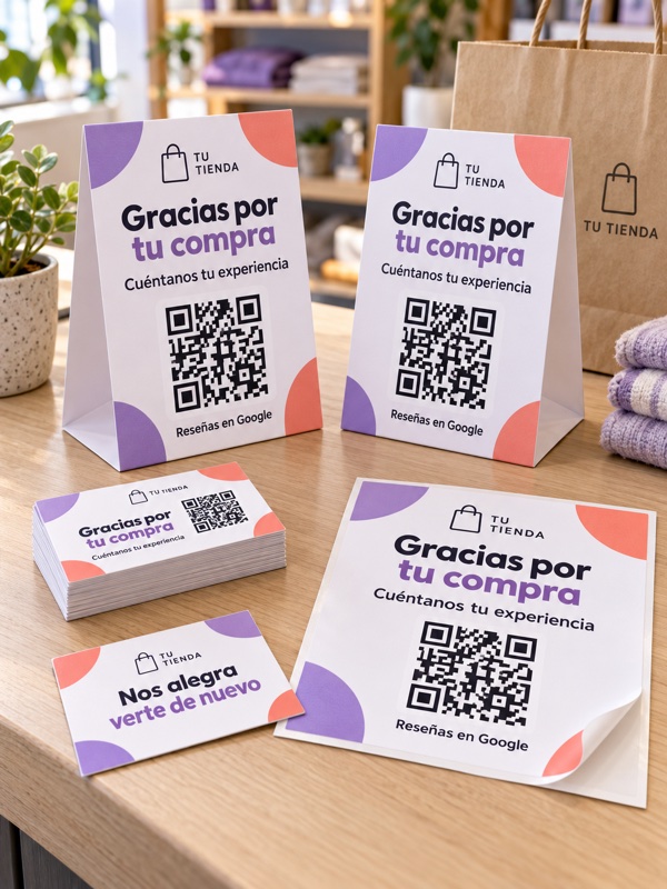 Pack coordinado de tarjetas, vinilo y displays con QR para reseñas de Google para tiendas. Diseño de ejemplo.