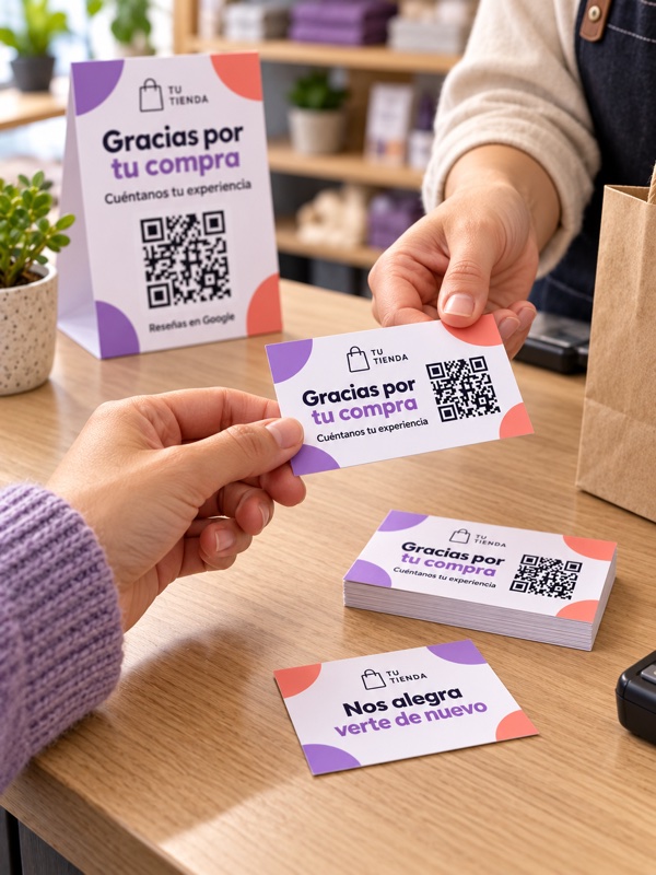 Entrega de una tarjeta de reseñas de Google con QR y diseño para tiendas, con reverso personalizado de ejemplo.