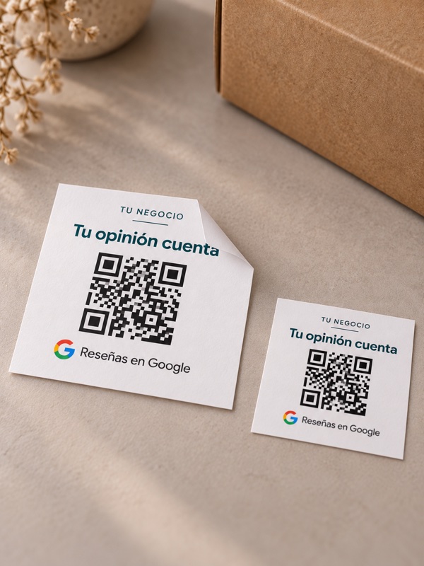 Detalle de dos pegatinas QR cuadradas de papel blanco mate, con una esquina levantada para mostrar el adhesivo