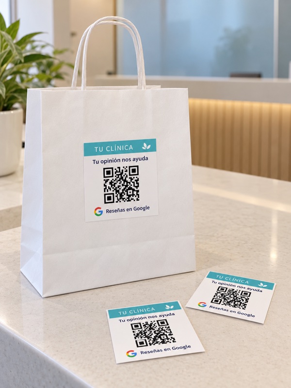 Pegatinas QR de papel blanco mate para clínicas, con diseño turquesa sobre una bolsa blanca en recepción