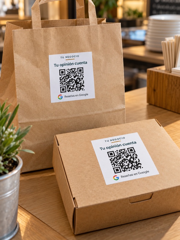 Pegatinas de papel blanco mate con QR de reseñas en una bolsa y una caja de comida para llevar