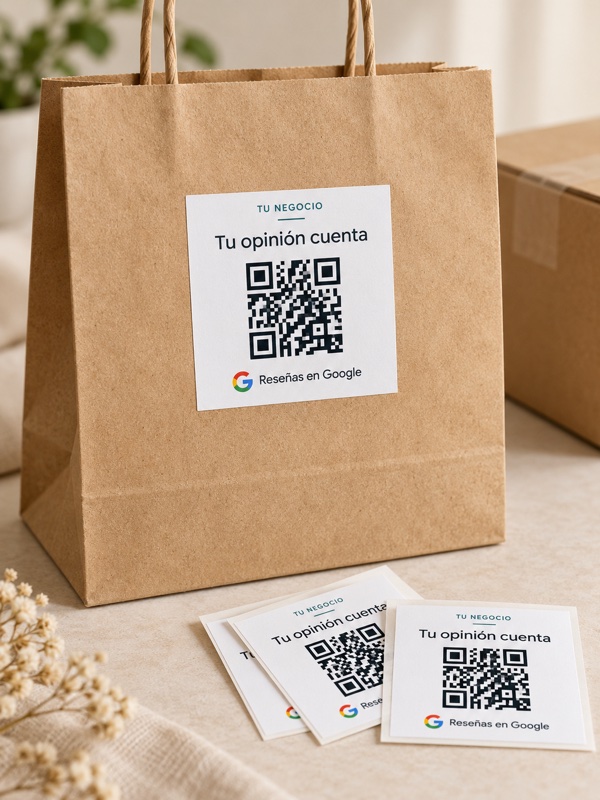 Pegatina QR para reseñas de Google en una bolsa de papel, con etiquetas individuales delante