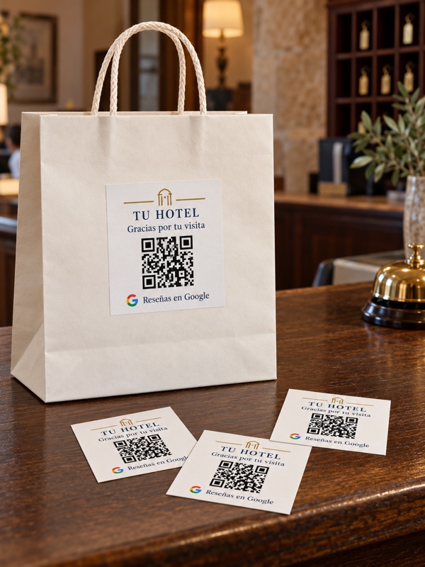 Pegatinas QR para reseñas de hoteles, con diseño azul y dorado en una bolsa de bienvenida