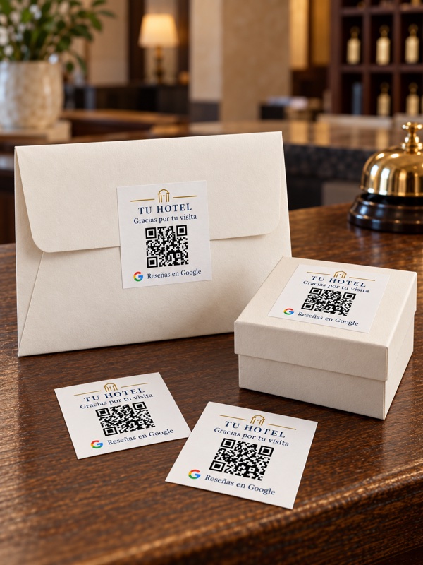 Pegatinas QR para reseñas de hoteles colocadas en un sobre y una caja de bienvenida