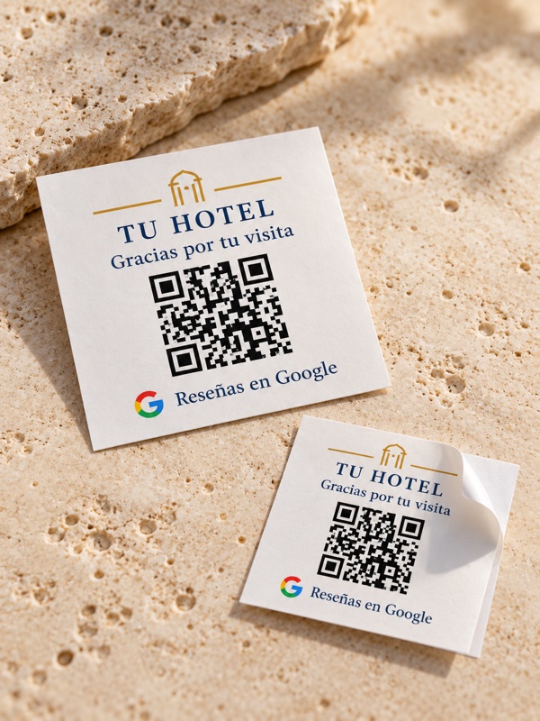 Detalle de dos pegatinas QR de papel mate para hoteles, con adhesivo en la parte posterior
