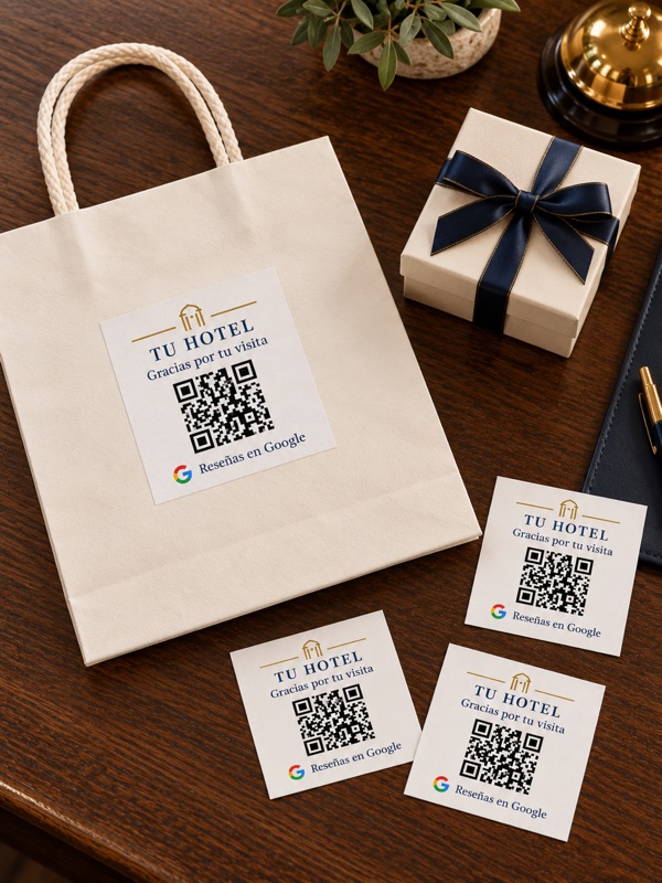 Vista superior de bolsa de bienvenida y pegatinas QR con diseño azul y dorado para hostelería