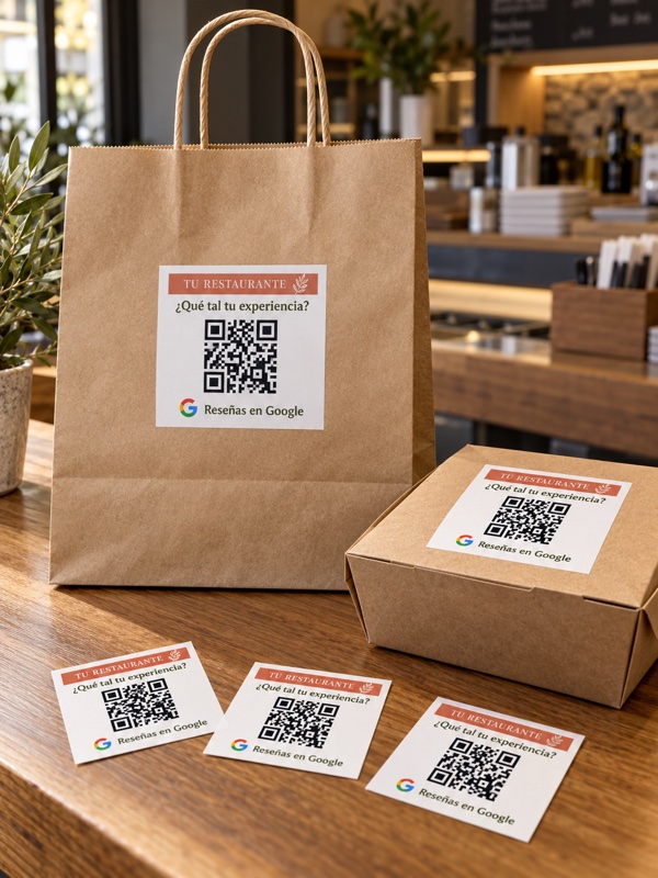 Pegatinas QR para reseñas de restaurantes, con diseño terracota en bolsa y caja de comida para llevar