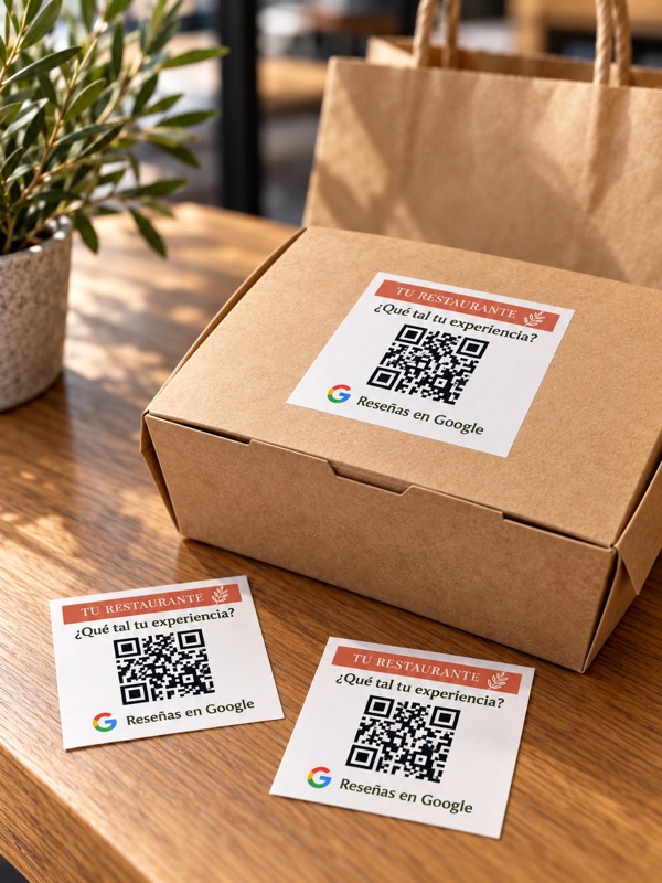 Pegatina QR de reseñas de restaurante colocada en una caja seca de comida para llevar