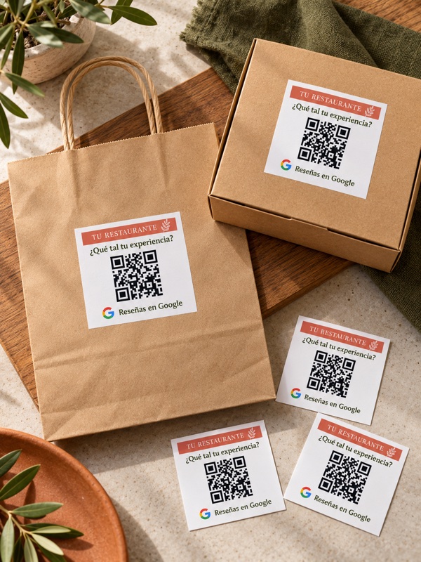 Bolsa y caja de comida para llevar con pegatinas QR de diseño terracota para restaurantes