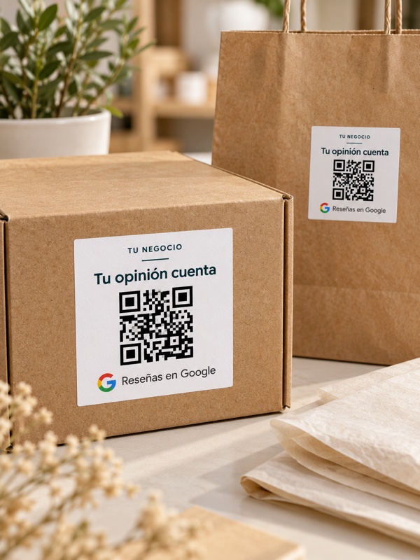 Pegatina QR para reseñas de Google colocada en una caja de envío y en una bolsa de tienda