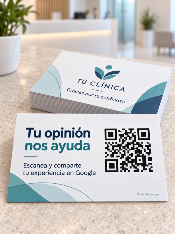 Tarjetas para reseñas de Google para clínicas con QR personalizado, anverso y reverso de ejemplo