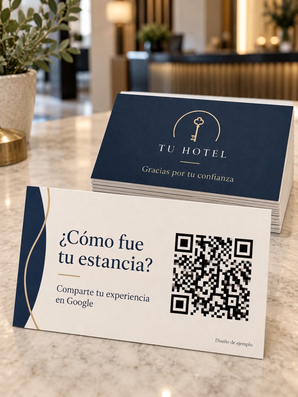 Tarjetas para reseñas de Google para hoteles y hostelería con QR personalizado, anverso y reverso de ejemplo