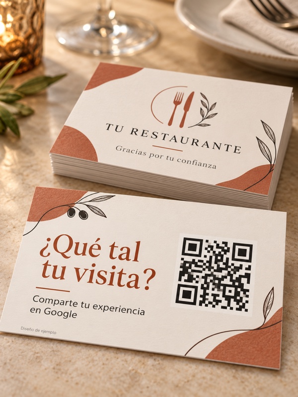 Tarjetas para reseñas de Google para restaurantes con QR personalizado, anverso y reverso de ejemplo