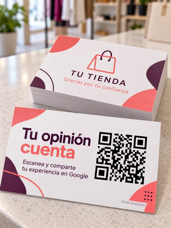 Tarjetas para reseñas de Google para tiendas con QR personalizado, anverso y reverso de ejemplo