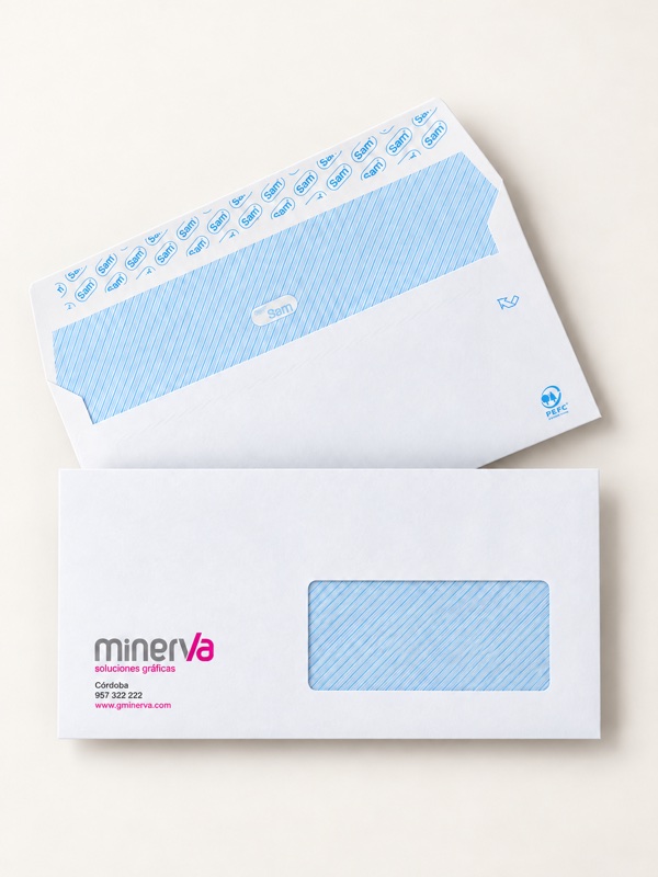 Sobres americanos blancos con ventana derecha y logotipo de Minerva, imprenta en Córdoba