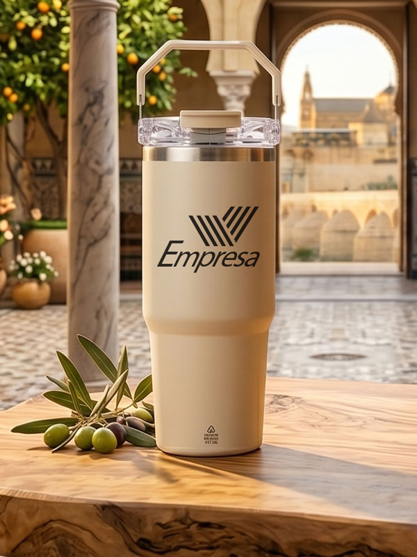 Vaso térmico personalizado de acero inoxidable reciclado con pajita y tapa hermética