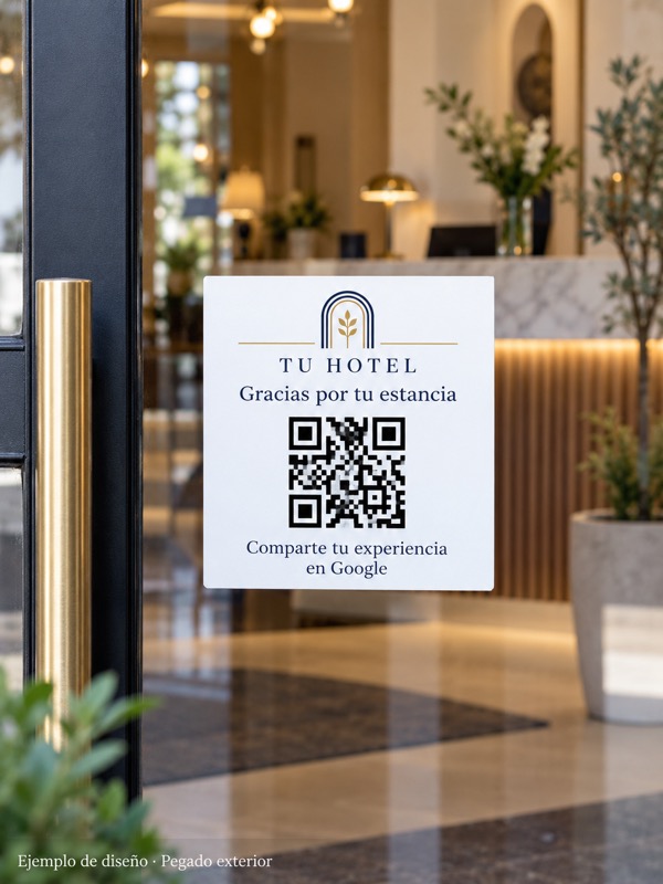 Vinilo reseñas Google para hoteles · Pegado exterior. Ejemplo de diseño personalizado.
