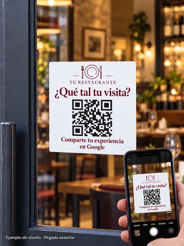 Vinilo reseñas Google para restaurantes · Pegado exterior. Ejemplo de diseño personalizado.