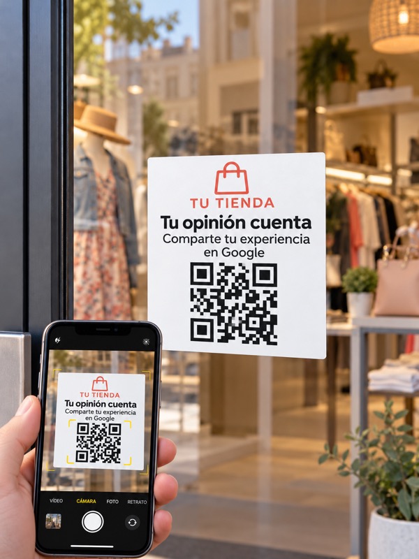 Vinilo reseñas Google para tiendas · Pegado exterior. Ejemplo de diseño personalizado.